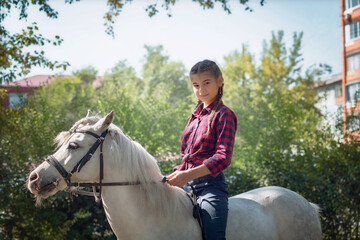 beautiful teen girl rides a horse in a park in the city