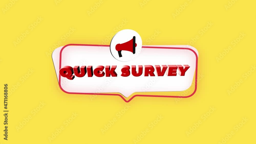 Poster 3d realistic style megaphone icon with text quick survey isolated on yellow background. megaphone wi