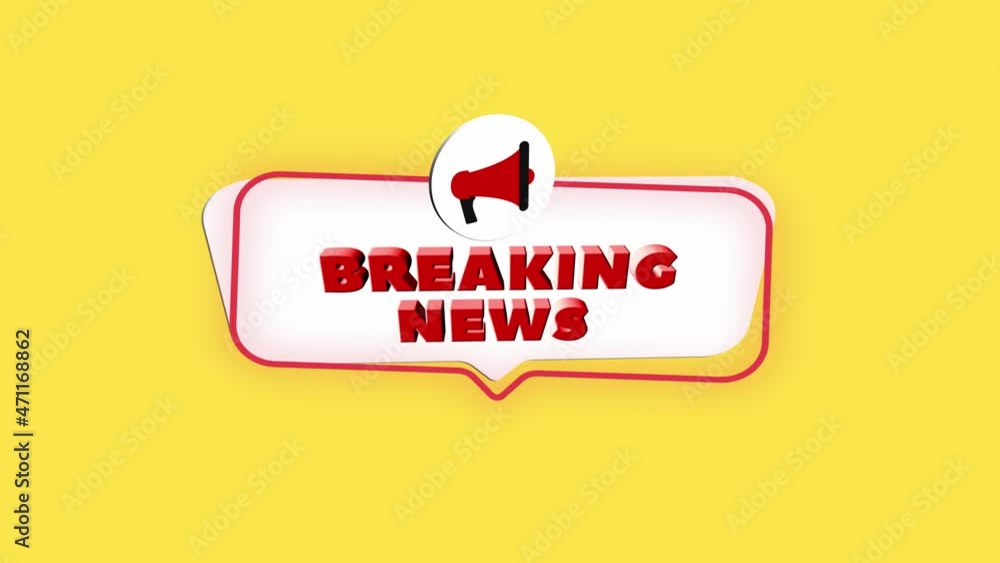 Poster 3d realistic style megaphone icon with text Breaking news isolated on yellow background. Megaphone with speech bubble and breaking news text on flat design. 4K video motion graphic