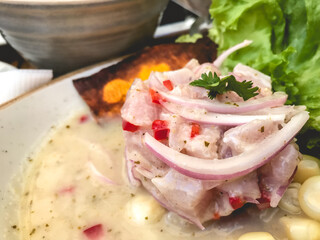 Delicious peruvian 'ceviche' (fresh raw fish cured in fresh citrus juices) in a plate