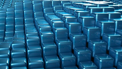 Obraz premium Abstract background with waves made of a lot of blue cubes geometry primitive forms that goes up and down under black-white lighting. 3D illustration. 3D CG. High resolution.