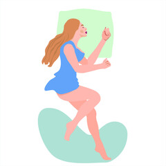 Beautiful young woman sleeping in bed without a blanket. Female cartoon character lying in a comfortable poseon the side. Top view. Vector illustration in flat style.