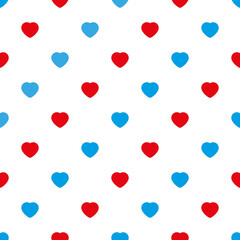 Seamless pattern with red and blue hearts on white background
