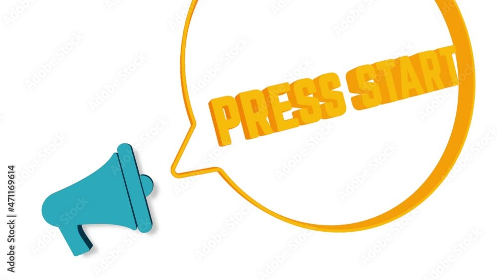 Leinwandbilder Megaphone with speech bubble in 3d style on white background. Press start text. Loudspeaker. 4K video motion graphic