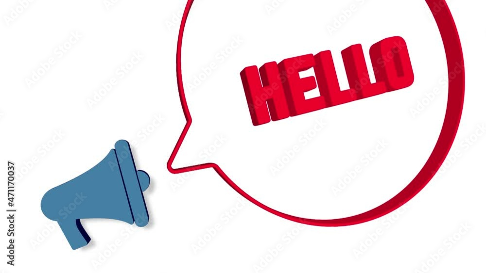 Poster Megaphone with speech bubble in 3d style on white background. Hello text. Loudspeaker. 4K video motion graphic