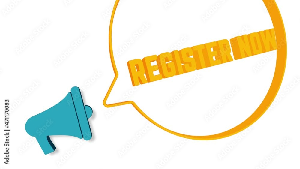 Poster Megaphone with speech bubble in 3d style on white background. Register now text. Loudspeaker. 4K video motion graphic