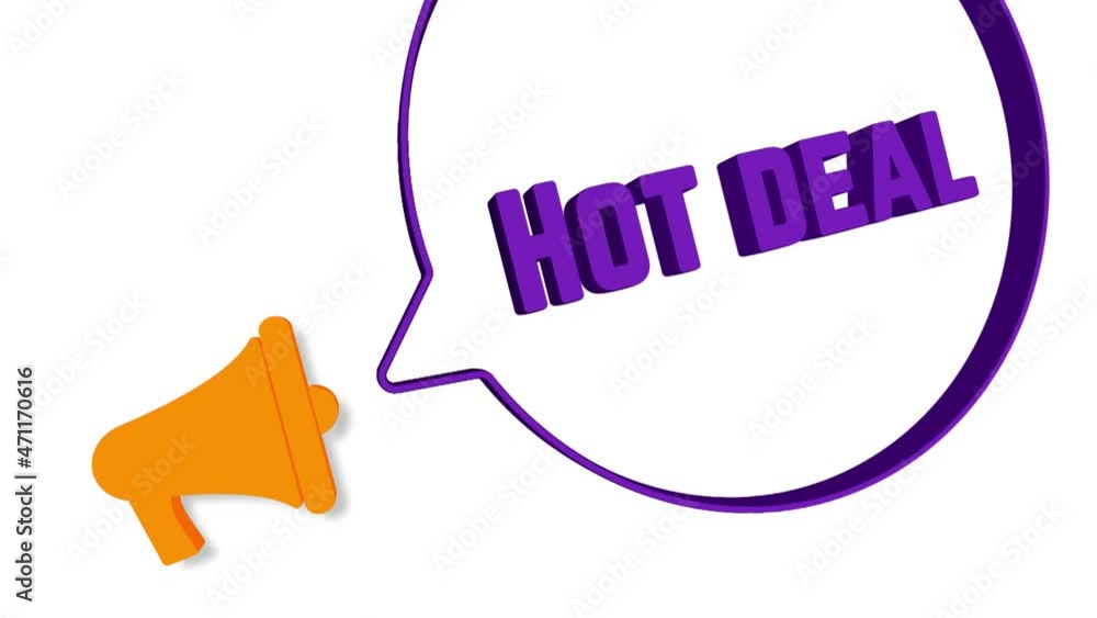 Poster megaphone with speech bubble in 3d style on white background. hot deal text. loudspeaker. 4k video m