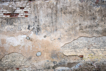 Empty Old Brick Wall Texture. Painted Distressed Wall Surface. Grunge Red Stonewall Background. Shabby Building Facade With Damaged Plaster. Abstract Web Banner. Copy Space
