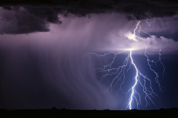 Dramatic lightning storm. Weather concept with thunderstorm and rain