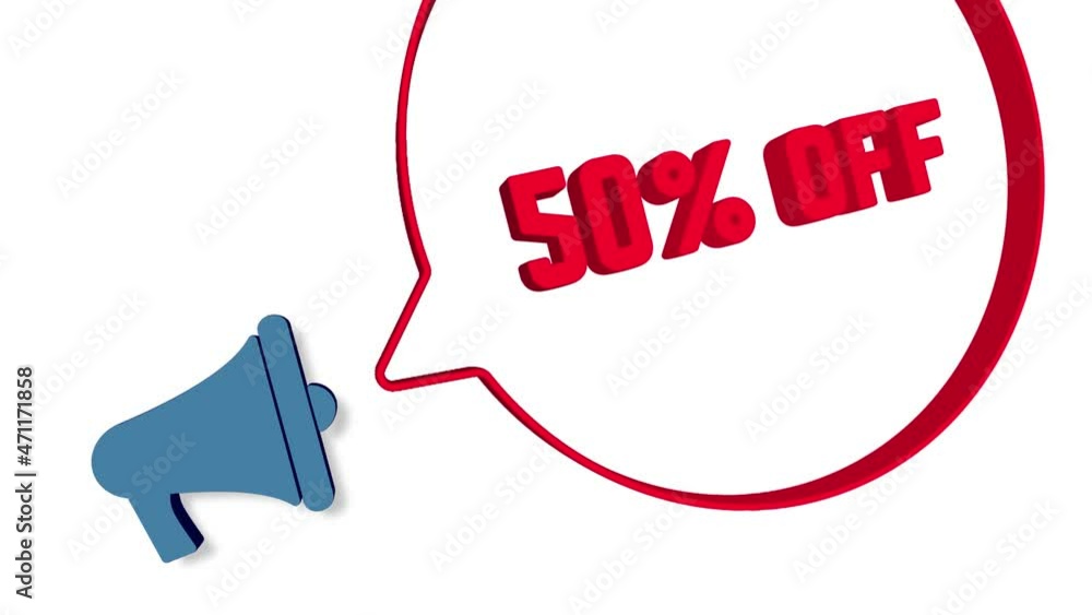 Poster megaphone with speech bubble in 3d style on white background. 50 percent off text. loudspeaker. 4k v