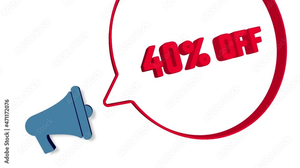 Aufkleber megaphone with speech bubble in 3d style on white background. 40 percent off text. loudspeaker. 4k v