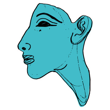 Head in profile of ancient Egyptian pharaoh Akhenaten. Amarna relief. Hand drawn colorful rough sketch.