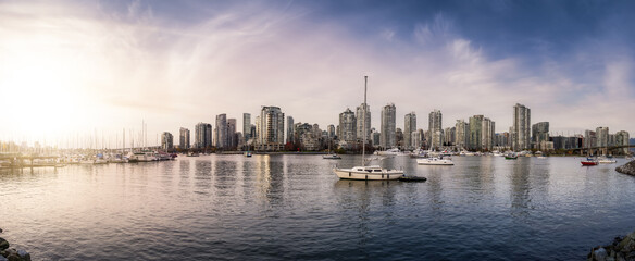 Fototapeta na wymiar Panoramic View of Modern Downtown Cityscape. Sunset Sky Art Render. Beach in False Creek, Vancouver, British Columbia, Canada.