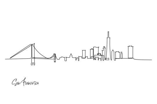 Single Line Drawing Of San Francisco USA Skyline. Town And Buildings Landscape Model. Best Holiday Destination Wall Decor Art. Editable Trendy Continuous Line Draw Design Vector Illustration