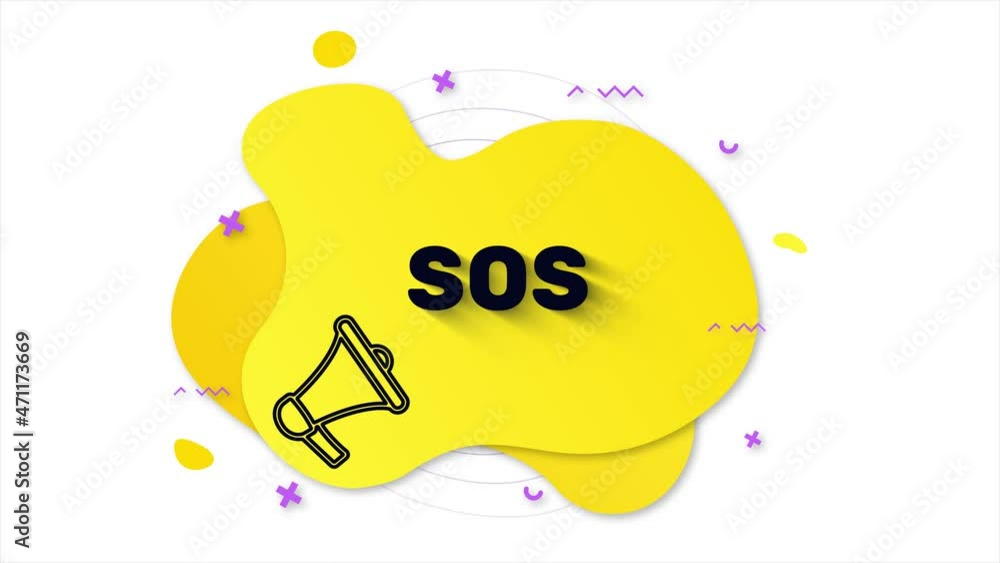 Fototapete black megaphone with text sos. memphis style banner with abstract geometric shapes on yellow backgro