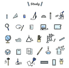 学校の勉強道具アイコンセット