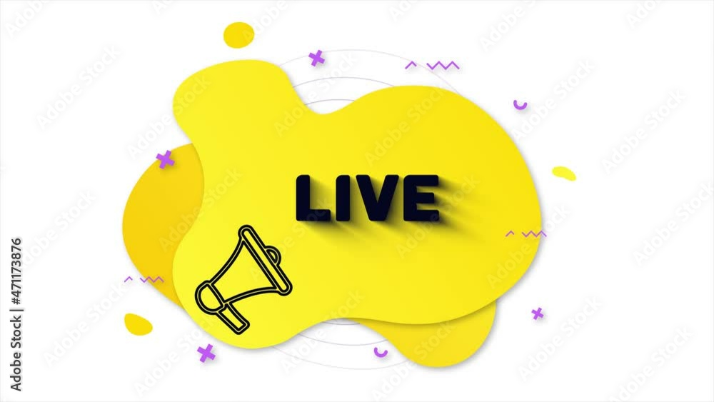 Leinwandbilder Black megaphone with text Live. Memphis style banner with abstract geometric shapes on yellow background. Banner and outline round elements with megaphone. 4K video motion graphic