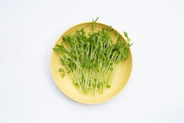 Pea Sprouts in yellow plate on white background.