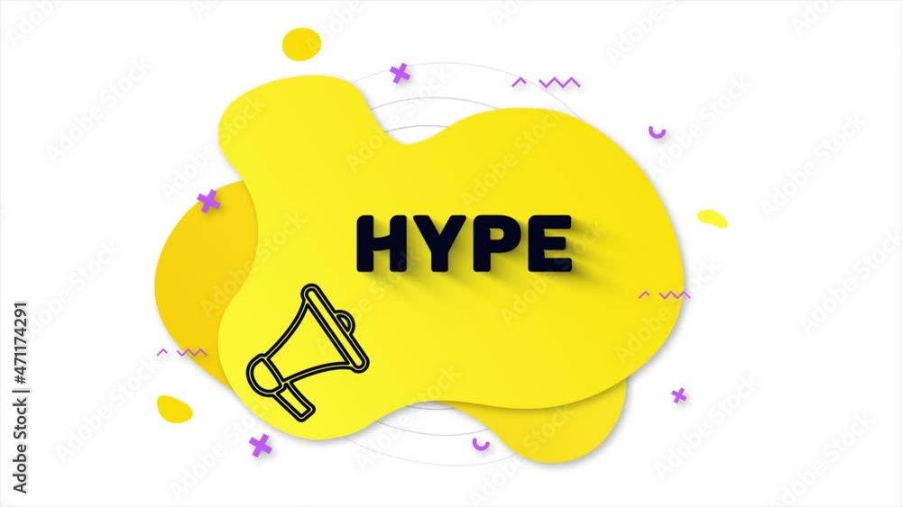 Poster black megaphone with text hype. memphis style banner with abstract geometric shapes on yellow backgr