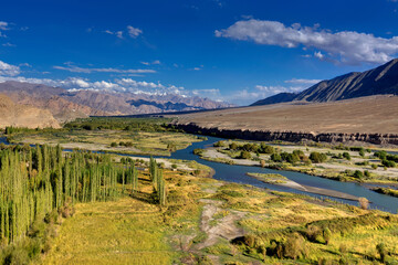 Aerial view of Leh City, green landscape with ice peaks , blue sky with clouds in background , Ladakh, Jammu and Kashmir, India