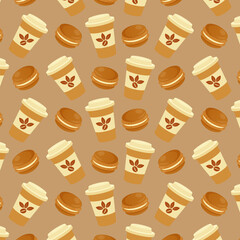 Coffee pattern and macarons texture background illustration concept vector