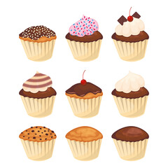 Cupcakes concept set illustration with cream and chocolate vector