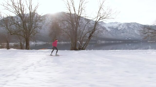AERIAL: Lone Nordic skier trains near the gorgeous lake Bohinj on a sunny winter morning. Scenic drone shot of a woman training nordic skiing at a picturesque ski resort in the mountains of Slovenia.