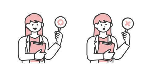 まるとばつの札を持つ白衣を着た女性のイラスト素材