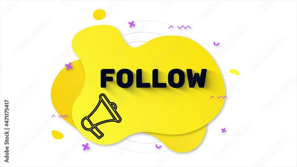 Aufkleber black megaphone with text follow. memphis style banner with abstract geometric shapes on yellow back