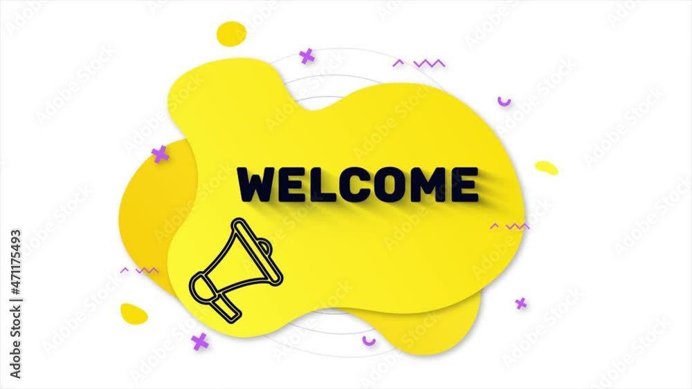 Fototapete megaphone with text welcome. memphis style banner with abstract geometric shapes on yellow backgroun
