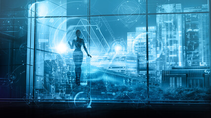 An android floating in the air is working with data, 3D render.