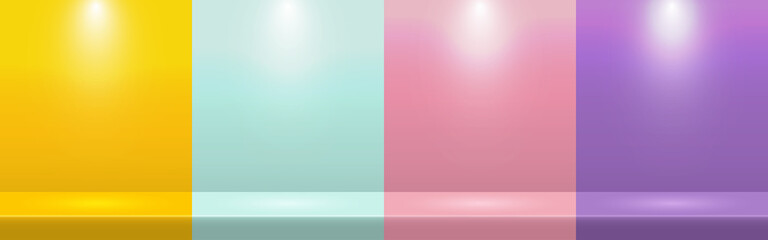 Fototapeta premium Set of Yellow, Green, Pink, Purple scene background. Empty studio for product display. Minimal style. Vector illustration.