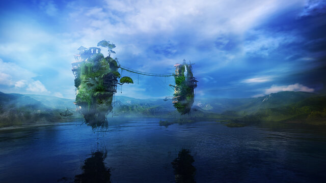 Fantastic landscape with a lake and inhabited flying islands, 3D render.