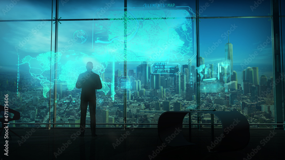 Poster the man works with the search engine of the future, 3d render.