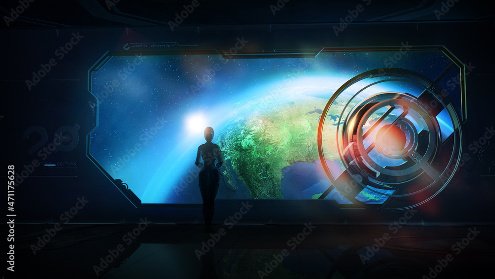 Poster the robot explores the earth from orbit, 3d render.