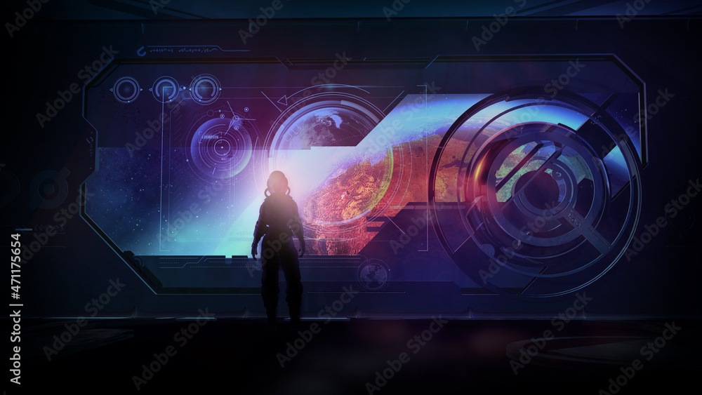 Poster the astronaut collects data about the earth from orbit, 3d render.
