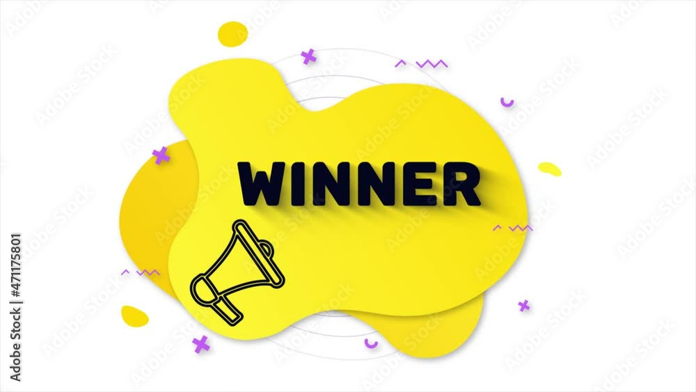 Poster black megaphone with text winner. memphis style banner with abstract geometric shapes on yellow back