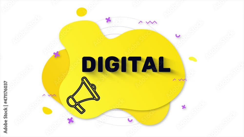 Poster black megaphone with text digital. memphis style banner with abstract geometric shapes on yellow bac