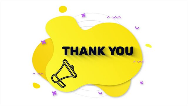 Megaphone with text Thank you. Memphis style banner with abstract geometric shapes on yellow background. Banner and outline round elements with megaphone. 4K video motion graphic