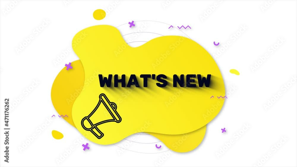Poster Megaphone with text What's new. Memphis style banner with abstract geometric shapes on yellow background. Banner and outline round elements with megaphone. 4K video motion graphic