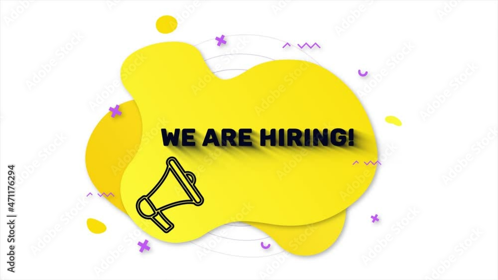 Poster megaphone with text we are hiring. memphis style banner with abstract geometric shapes on yellow bac