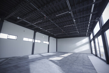 Interior empty office light room in a new building renovation or under construction. Glass doors...