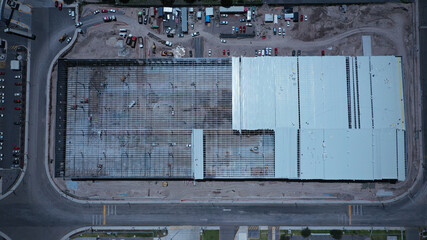 nave industrial, vista de dron, construyendo, estructuras metalicas