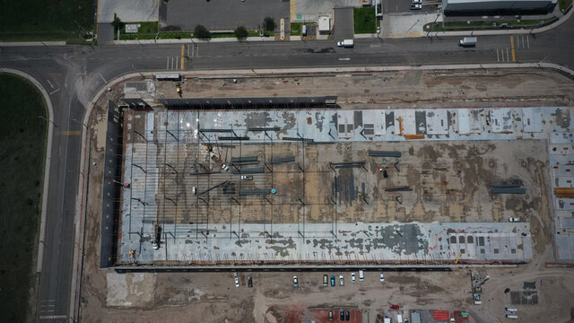 nave industrial, vista de dron, construyendo, estructuras metalicas