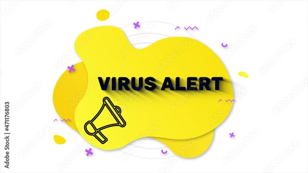 Poster Megaphone with text Virus alert. Memphis style banner with abstract geometric shapes on yellow background. Banner and outline round elements with megaphone. 4K video motion graphic