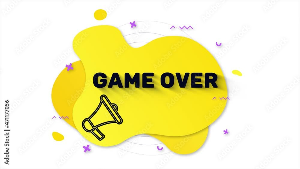Poster Megaphone with text Game over. Memphis style banner with abstract geometric shapes on yellow background. Banner and outline round elements with megaphone. 4K video motion graphic