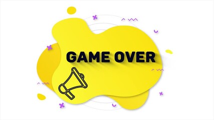 Megaphone with text Game over. Memphis style banner with abstract geometric shapes on yellow background. Banner and outline round elements with megaphone. 4K video motion graphic - Powered by Adobe