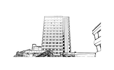 Building view with landmark of Leverkusen is the 
city in Germany. Hand drawn sketch illustration in vector.