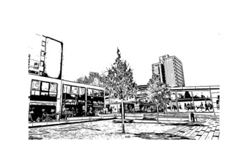 Building view with landmark of Leverkusen is the 
city in Germany. Hand drawn sketch illustration in vector.