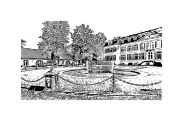 Building view with landmark of Leverkusen is the 
city in Germany. Hand drawn sketch illustration in vector.